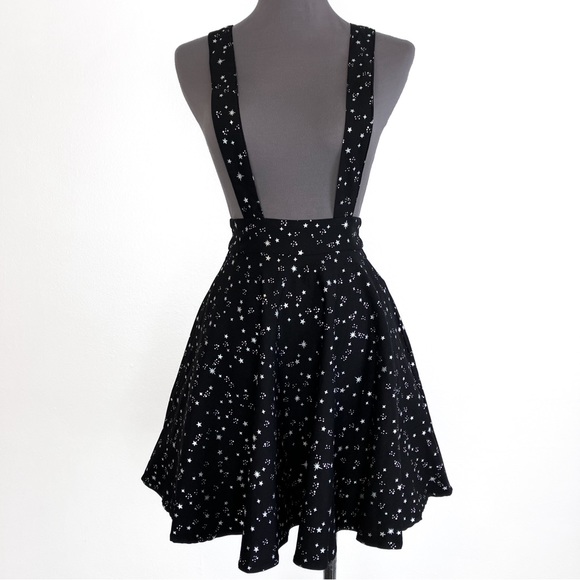 Collectif Dresses & Skirts - Collectif Lexi Night Sky Skater Skirt - Silver Stars Suspenders Black Mini Skirt